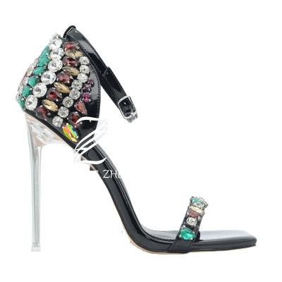 China Fashion trend colorful rhinestone black sexy shoes with clear crystal high heels and one strap fashion sandals for women for sale