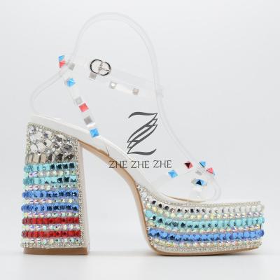 China Fashion trend spring/summer 2022 round head sandals color rhinestones by bright pieces sexy cool high platform waterproof women's shoes for sale