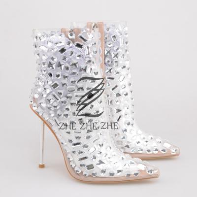 China New EVERGREEN high heel pointed transparent female boots transparent rhinestone embellished sexy luxury female ankle boots for sale