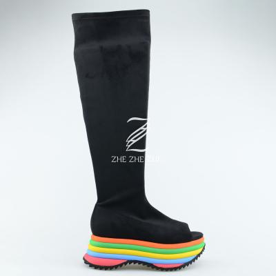 China Black CALF BOOTS PU tube classic simple style unique rainbow color women's boots factory wholesale EVERGREEN long for sale