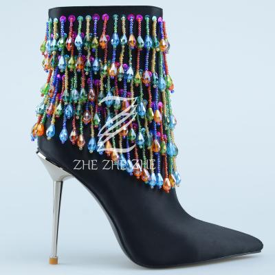 China 2022 Breathable European And ZHEZHEZHE PU Patchwork Ankle And Bootie Boots Women's Dangle Jewelry Color Tassel American Style Women's Shoes for sale