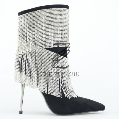 China 2022 Breathable European And American Style Women Shoes Women's Boots Shimmer ZHEZHEZHE Flock PU Patchwork Dangle Anklet And Jewelry Bootie for sale