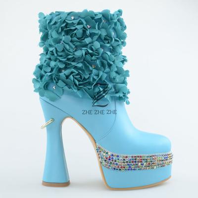 China 2022 Summer New EVERGREEN High Platform Color Rhinestone Round Main Shoes For Women Blue Sexy Chunky Heel Floral Ankle Boots for sale