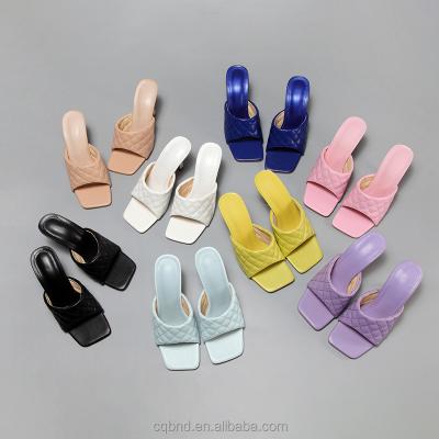 China Fashion Trend 2022 Summer Cute Sandals For Square Bare Toe Pu Colorful Women's Dress Slipper High Heel Ladies Sandals for sale