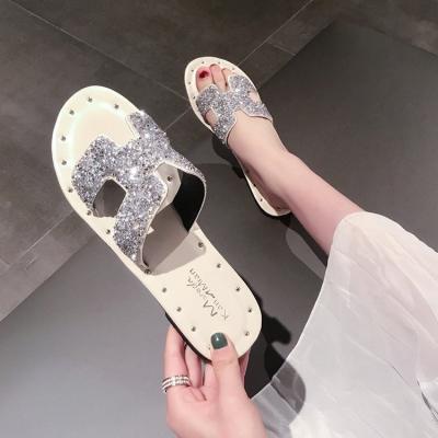 China Fashion Trend Summer Woman Shoes Sandals Lace-up Colorful Rhinestone Ladies Slipper Slides Girls Women's Flat Sandals for sale