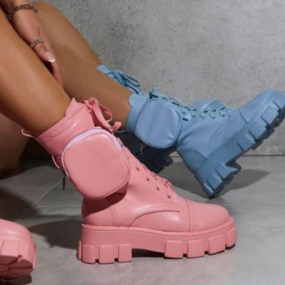 China 2022 Fashion Trend Female High Platform Lace Up Mid Boots Women Zipper Buckle Strap Pocket Bag Ankle Boots for sale