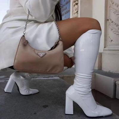 China Light Square Toe Thick Heel Pink Knee Boots Patent Leather High Heels Shoes Fashion Zipper Women Knee High Heel Boots for sale