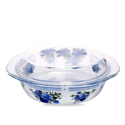 China Sustainable Borosilicate Heat Resistant Round Decal Pyrex Glass Casserole Cassers with Pot Cover, Casserole Set Cookware Oven Microwave for sale