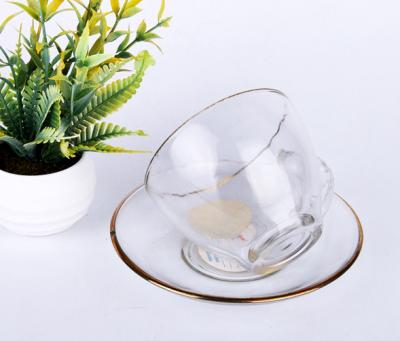 China Sustainable Glass Cup And Saucer Set With Gold Rim , Glass Mug Set For Tea , Coffee for sale