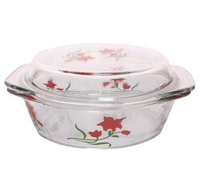 China Sustainable Pyrex Glass Casserole With Decal / Food Warmer Casserole With Design / Glass Bowl With Lid for sale