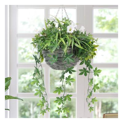 China HL-22 Indoor Outdoor Decoration Garden Supplies Iron Chain Hanging Synthetic Mixed Plants Artificial White Flower With Rattan Basket for sale