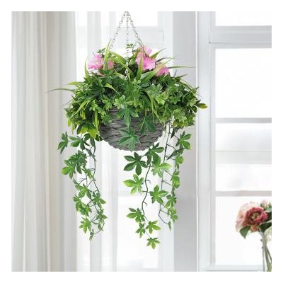 China HL-28 Decoration Indoor Outdoor Fake Hanging Plastic Morning Glory Pink Flower with Ivy Artificial Flower Basket for sale