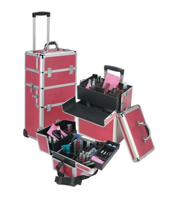 China Female Portable Beauty Trolley Pink Makeup Organizer Case With Trays for sale