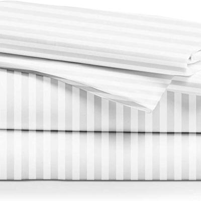 China 100% Hotel Striped Five Star Cotton Premium Quality White 4 Piece Hotel Satin Bed Sheet Braided With Stretch Deep Pockets for sale