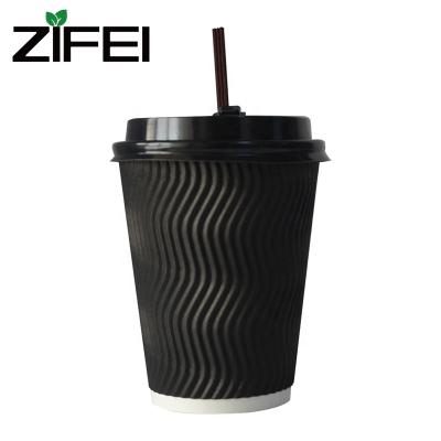 China Disposable Leakproof Paper Cup 12oz Double Ripple Wall Coffee Paper Cup With Black Lid for sale