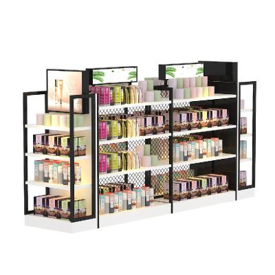 China Wholesale Wooden Cosmetics Rack Cosmetics Display Cabinet Shop Makeup Rack Stand Counter Display Designs Store Shelves Vanity Makeup Table Set With Lights for sale