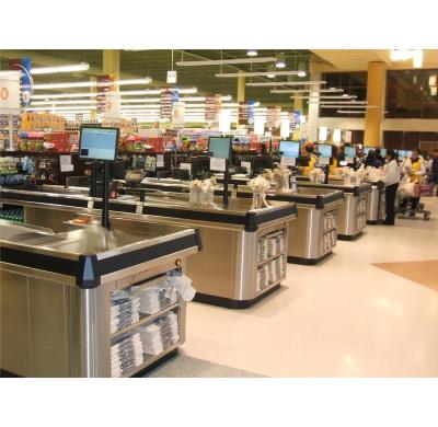 China Fashion ShiJie Customized Super Mart Displaying Design Shop Counter Supermarket Checkout Cashier Used Grocery Counter Checkout Counters for sale