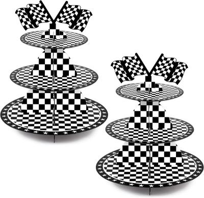 China Race Car Party Decorations 3-Tier Round Cardboard Cupcake Paper Holder And White Checkered Flag Cars Theme Party Supplies for sale