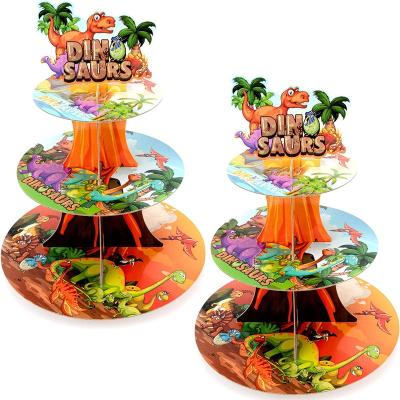 China Jurassic Dino Cake Display Tower Holder 3 Tier Dinosaur Theme Cupcake Stand Dinosaur Round Paper Cardboard Dessert Boys Tower Holder for sale