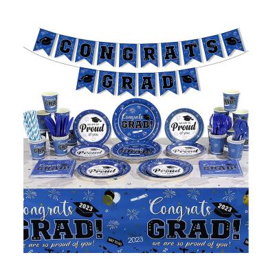 China Disposable Paper Tablecloth and Paper Plates Napkins Banner Tableware Set for Graduation Congratulations Graduate Party Decorations for sale