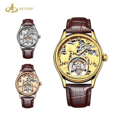 China Fashion Canton Aesop Automatic Movement Genuine Leather Strap OEM Men's Wrist Watch Tourbillon Watches for sale