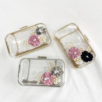 China 2021Fashion square clutch evening bag handbag small transparent acrylic three-dimensional box party bag dinner flower square handbag for sale