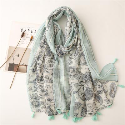 China New Soft Decoration Balinese Cotton Yarn Feel Scarf Green Flower Color Decoration Tourism Sunscreen Women Scarf for sale