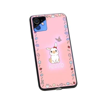 China Customizable Shockproof Fashion Hello Rabbit Pink Color Glass Cell Phone Case Protector Cover for sale