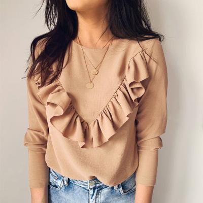 China Elegant Women Blouses O-Neck Breathable Lady Office Work Ruffles Full Sleeve Autumn Winter Blouses Black White 2020 Khaki Long Sleeve Shirts for sale