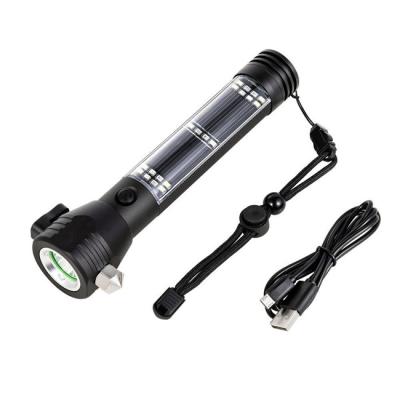 China With Compass Emergency Light LED Flashlight USB Solar Powered Rechargeable Safety Hammer Torch With Compass for sale