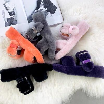 China Fashion Trend New Design Ladies Winter Two Strap Sheepskin Comfortable Multi Colored Home Indoor Fluffy Slippers for sale