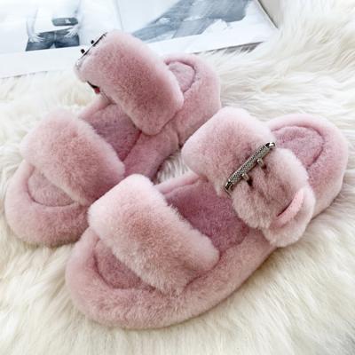 China Fashion Trend High Quality Double Stripe Toe Fluffy Furry Sheepskin Fur Open Slide Fuzzy Platform Slippers For Women for sale