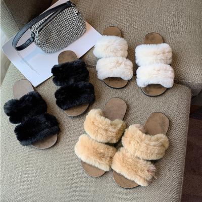 China New Fashion Two Strap Winter Fashion Trend Fuzzy Warm Sandals Fur Slides Indoor Outdoor Slippers For Women for sale