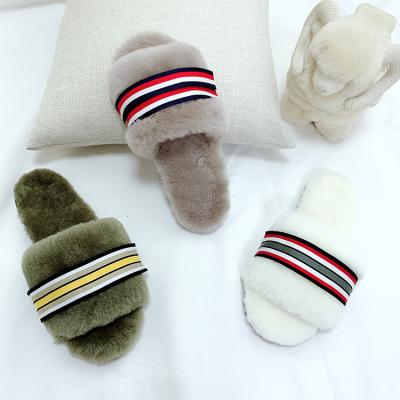 China Fashion Trend Australia Custom Fluffy Hairy Sheepskin Stripe White Shearling Fur Wrenlette Striped Slippers Women Indoor Slippers for sale