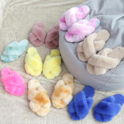 China Fashion Trend Custom Winter Warm To Dye Knotting Soft Fuzzy Fur Indoor Outdoor Home Vegan Slips Faux Sheepskin Slippers For Women for sale