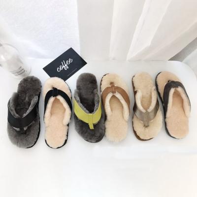 China Fashion Trend Hot Selling Premium Soft Fur Slips Genuine Women Leather Trim House Flip Flop Sheepskin Fluffy Slippers for sale