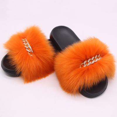 China Fashion Trend Women Faux Fur Fluffy Fur Slides Bling Chain Faux Stone Fox Fur Sandals Girl Summer Furry Slippers For Women for sale