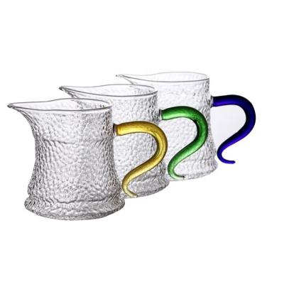 China Stocked Custom Low Moq Hammer 300ml Grain Frosted Glass Tea Cup Set With Handle for sale