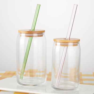 China Hot Selling High Borosilicate Material Cola Beer Drinking 12OZ 16OZ Reusable Bamboo Lid Glass Mugs With Lids for sale