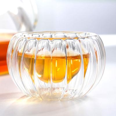 China Sustainable High Borosilicate 50ml Hand Made Pumpkin Striped Curve Double Wall Glass Mug For Wine Tea for sale