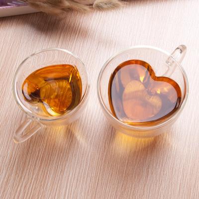 China 180ml 240ml Gift Durable Creative Clear Double Layer Coffee Tea Loving Heart Shape Glass Mugs for sale