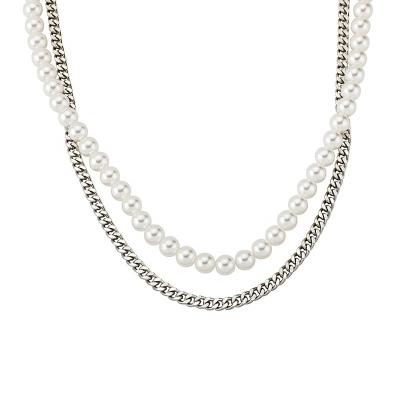 China Excellent Quality 4mm Cuban Link Chain High Quality With Pearl Necklace Women Double Layered Necklace for sale