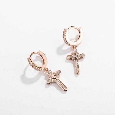 China Full Inlaid Design High Quality Zircon Drop Hip Hop Earrings Retro Silver Cross Needle Earrings S925 For Men And Women for sale