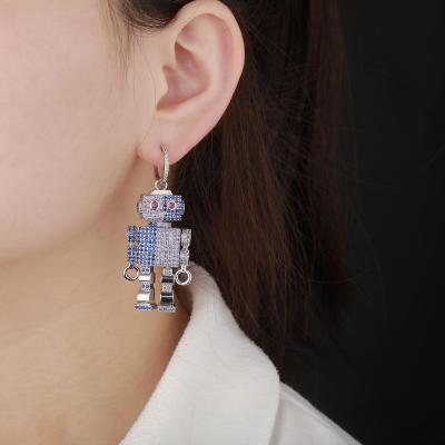 China New High Quality Hip Hop Heartbeat Wave Love Heart Design Double Sided Zircon Filled Limbs Rotating Robot Dangle Earrings for sale