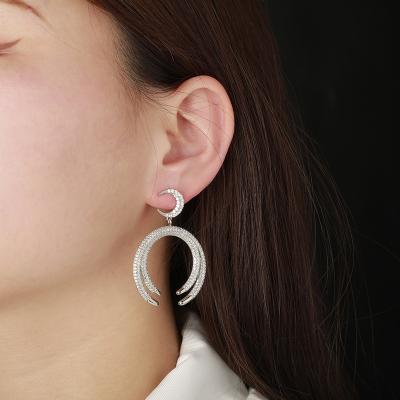 China High Quality Personality Exaggeration Double Crescent Trendy Design Earrings Full Zircon Inlaid 925 Silver Needle Hip Hop Earrings For Women for sale