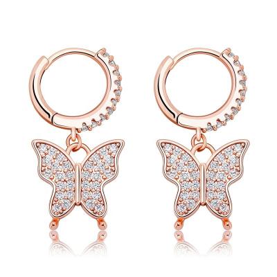 China Hiphop Bling Iced Out 3A Zircon Earrings Gold Plated Butterfly Circle Earrings Hip Hop Fashion Drop Jewelry for sale