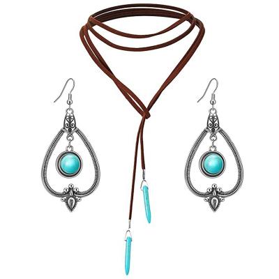 China High Quality Bohemian Turquoise Suede Choker Pendant Necklace Along With Vintage Turquoise Statement Dangle Earrings for sale