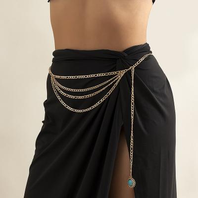 China Retro Environmentally Friendly Turquoise Pendant Fashion Chain Belt Tassel Body Metal Waist Chain Female Body Chain Jewelry For Women for sale