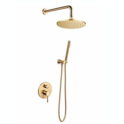 China Barless Bathroom Massage Rainfall Brass Shower Concealed Round Shower System Faucet Set Brushed Gold for sale