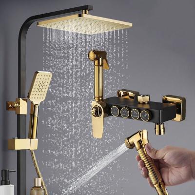 China With Slide Bar Bathroom Shower Fixture 8 Inch Rainfall Shower Head Sets Vintage Mixer Black And Gold Wall Mounted Shower Set for sale